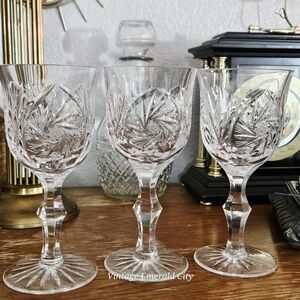 Vtg American Cut Crystal Co. ELEANOR Star & Fan Cut Pattern Wine Goblet Set Of 3